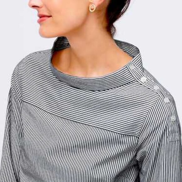J. CREW | 100% Cotton FunnelNeck Shoulder Button Striped Casual Top - Picture 2 of 10